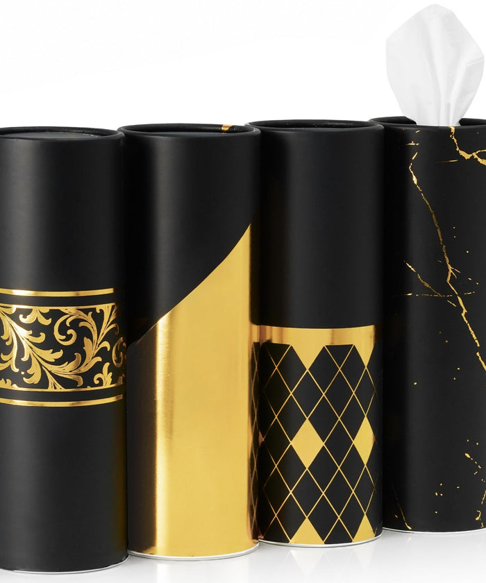 4 Pack Black Car Tissue Holder with 3-Ply Facial Tissues Bulk, Gold Foil