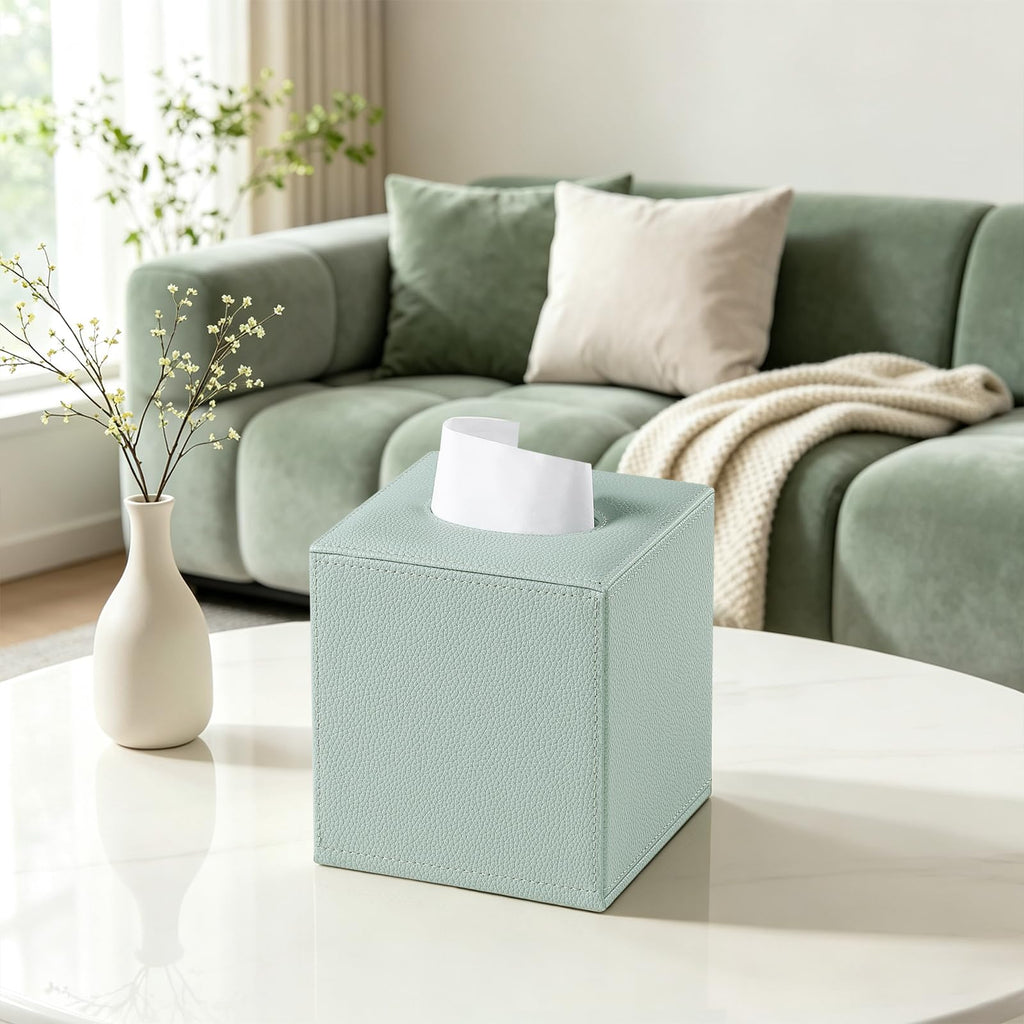 JLAMBOM PU Leather Tissue Box Cover Square Tissue Box Holder (Sage Green)