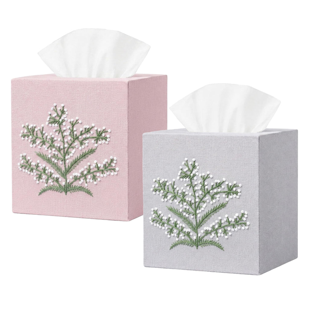 EmbroideryLinen.VN Square Tissue Box Cover Cute Set of 2, Grey & Pink