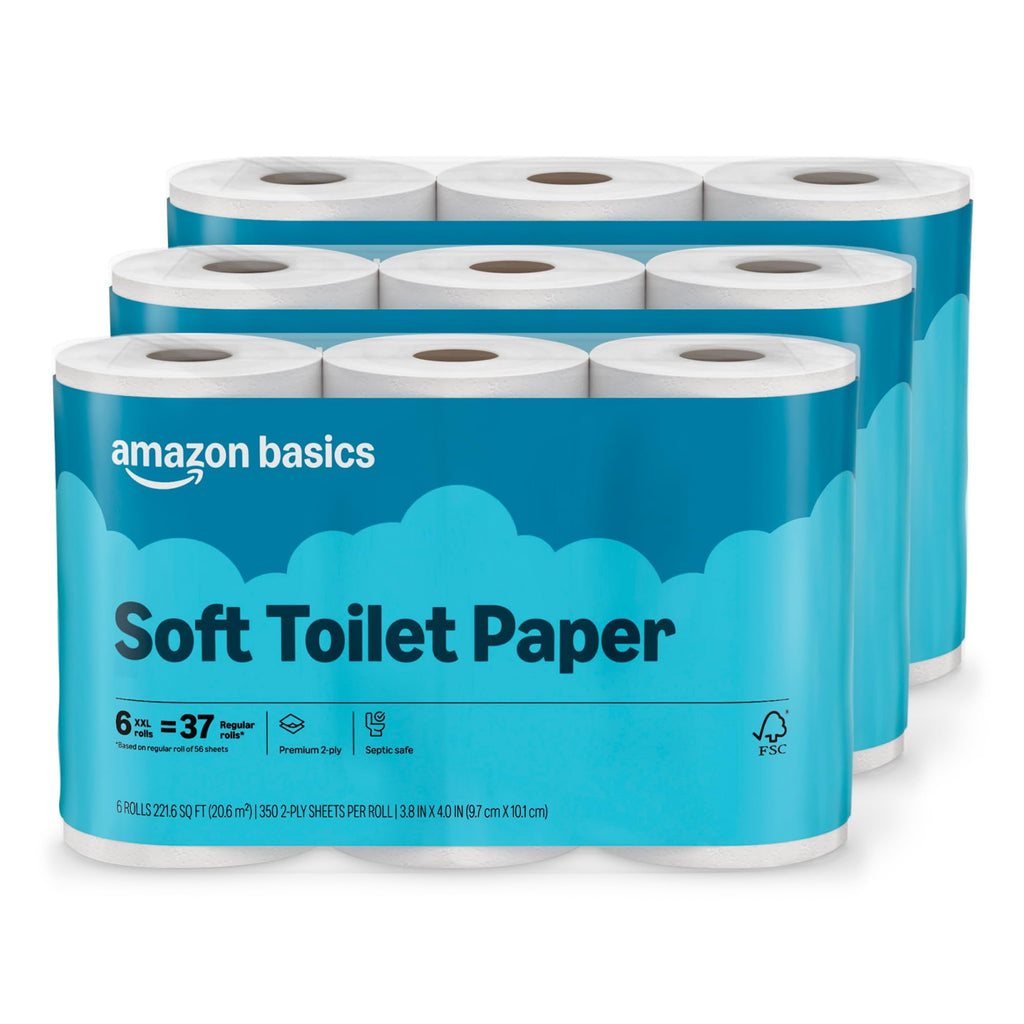 Amazon Basics 2-Ply Soft Toilet Paper, 18 Rolls | 3 Packs of 6 | 111 Regular Roll Equivalent