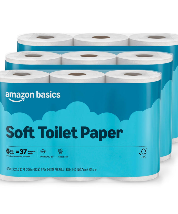 Amazon Basics 2-Ply Soft Toilet Paper, 18 Rolls | 3 Packs of 6 | 111 Regular Roll Equivalent