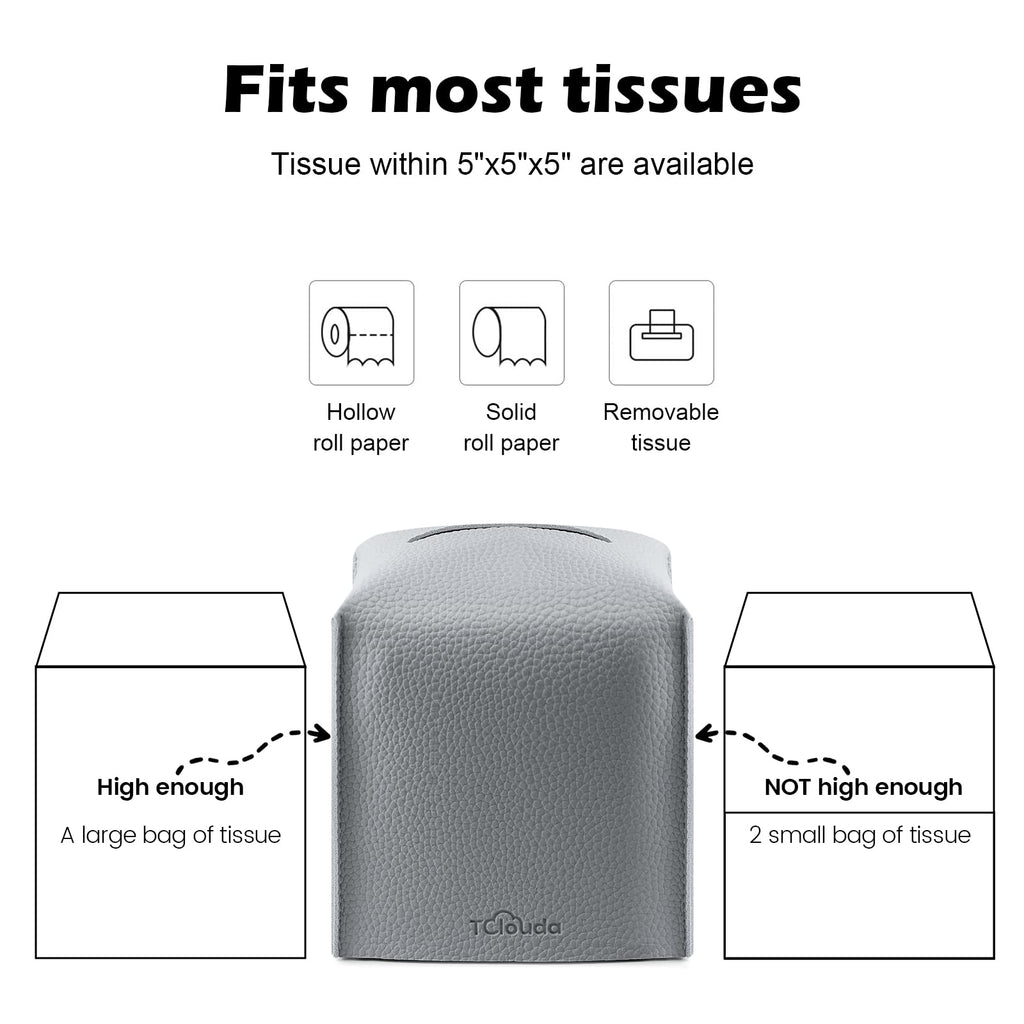 Tissue Box Cover, Tclouda, Modern PU Leather Square Tissue Box Holder for Creative Decorative, Ideal for Bathrooms/Office/Car/Nightstand/Outdoor Tent/Dining Table, 5"X5"X5", Single Gray