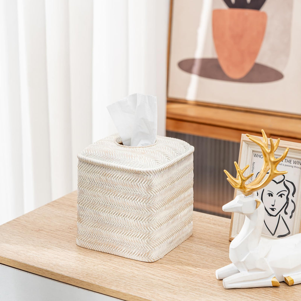 Tissue Box Cover Square Resin Tissue Holder for Home Decor,Hand Carved Wicker Tissue Box Holder,5.3 x 5.3 x 5.9 inches, Farmhouse White