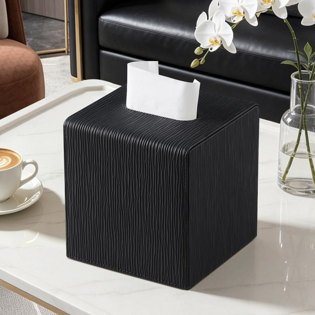 JLAMBOM PU Leather Tissue Box Cover Square, Cube Tissue Box Holder (Black)