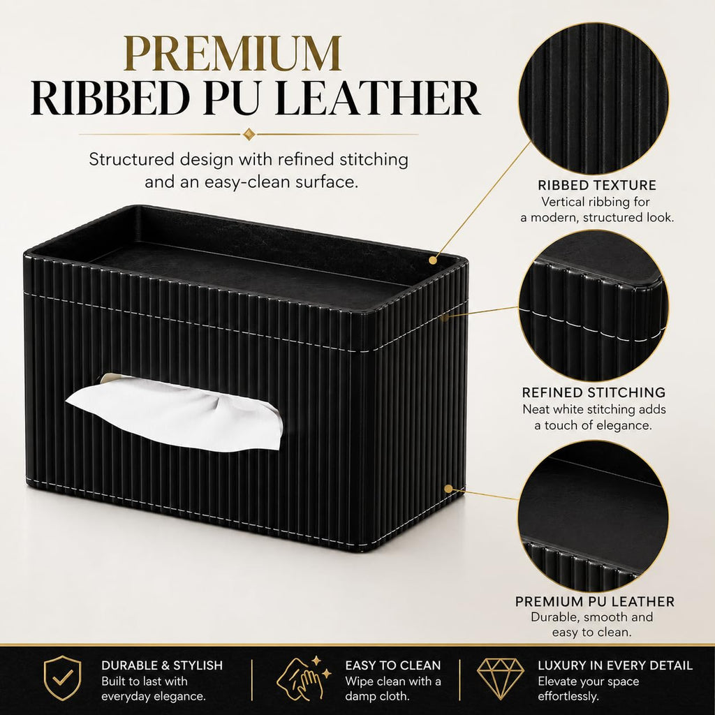 KINGFOM Ribbed PU Leather Tissue Box Cover with Storage Tray, Rectangular Facial Tissue Holder for Bathroom Vanity, Nightstand & Office Desk, Modern Decorative Tissue Dispenser (Matte Black)