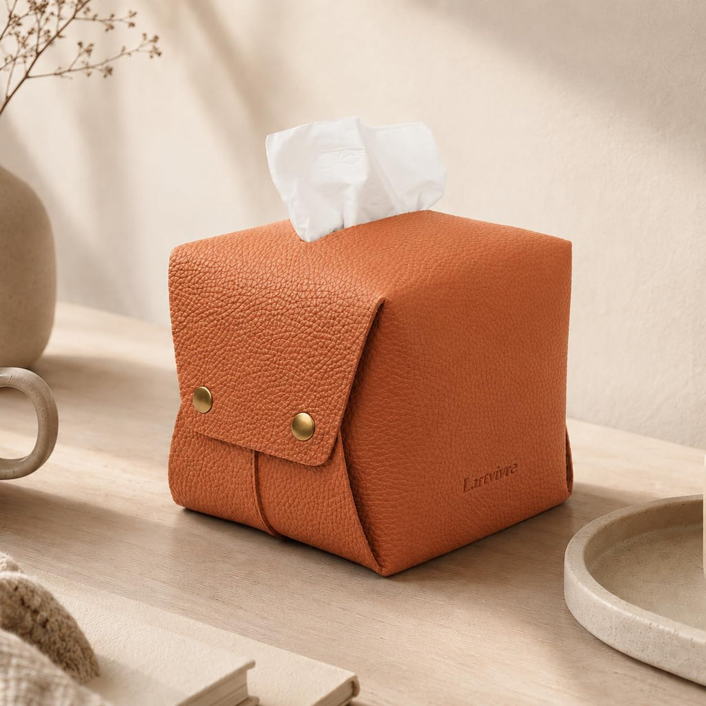 Lartvivré Grained Faux Leather Tissue Box Cover Square, Brown