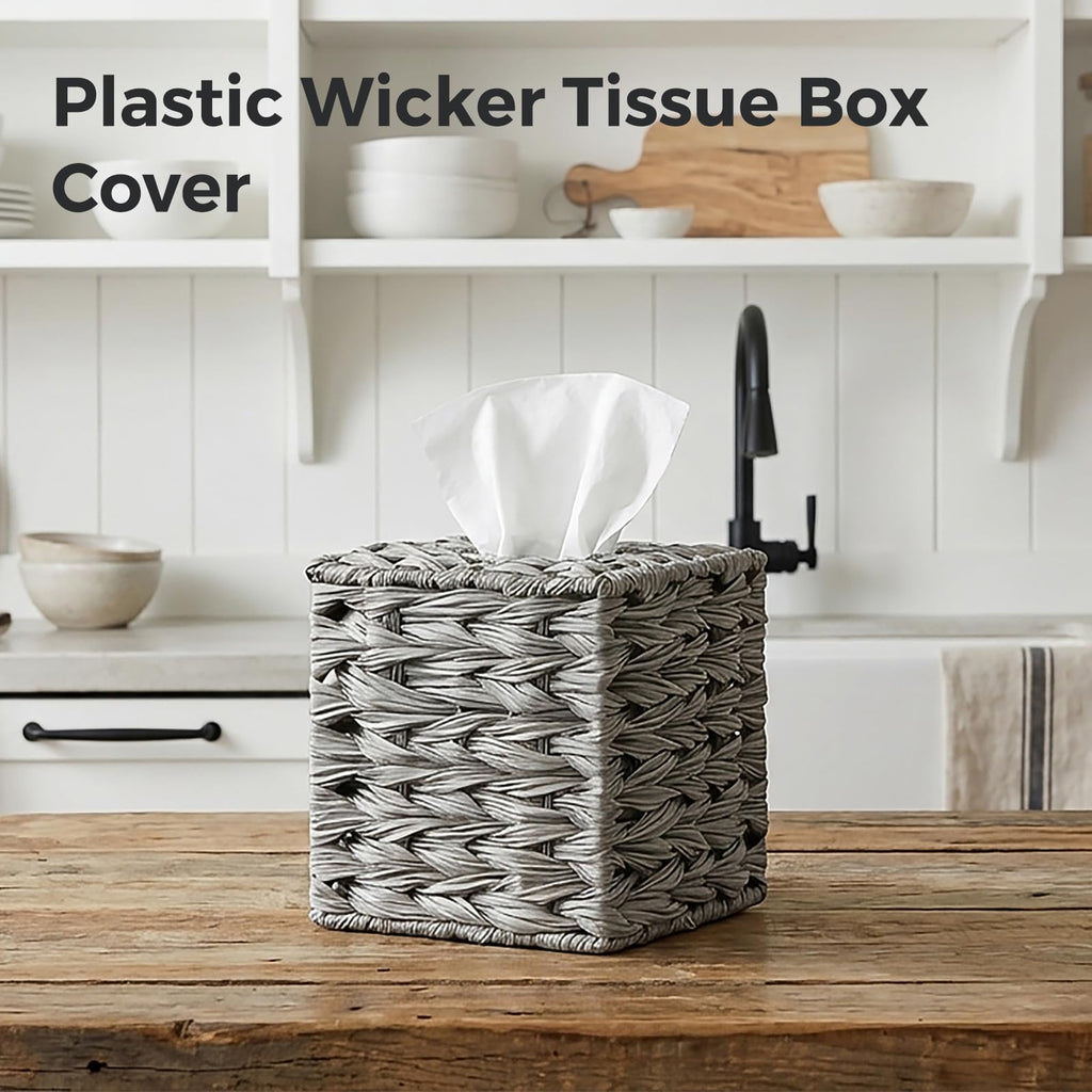 PE Wicker Tissue Box Cover Square, Handwoven Facial Tissue Box Holder Gray