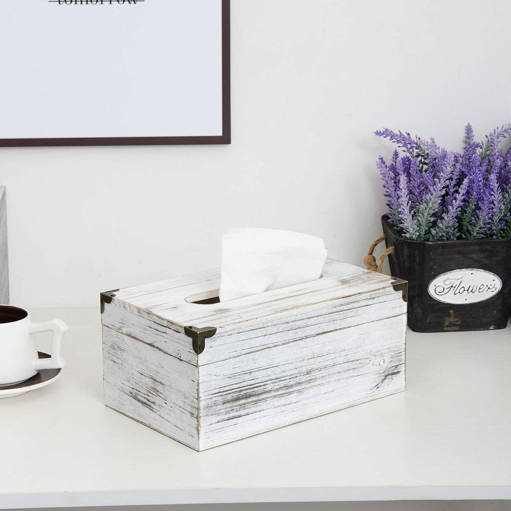 Distressed Wooden Rustic Facial Tissue Box Holder Tissue Box Cover Napkin Dispenser for Bathroom Living Room Dining Room Bedroom Toilet (Washed White)