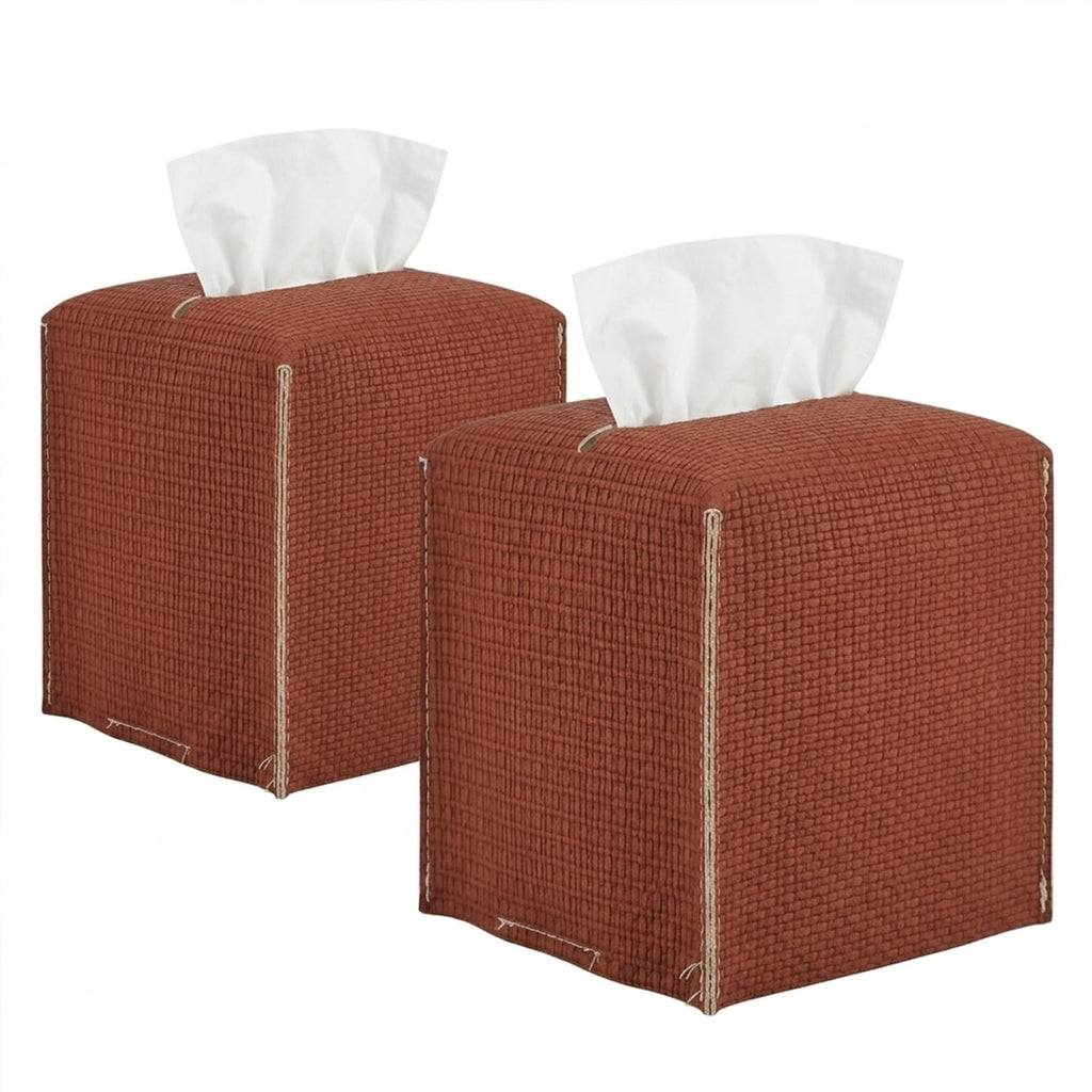 Ricomboo 2 Pack Tissue Box Cover Square, 5x5x5 PU Leather Tissue Boxes Holder, Decor Cube Paper Organizer with Bottom Belt for Bathroom, Home, Night Stands, Office, Kitchen (Terracotta Red)