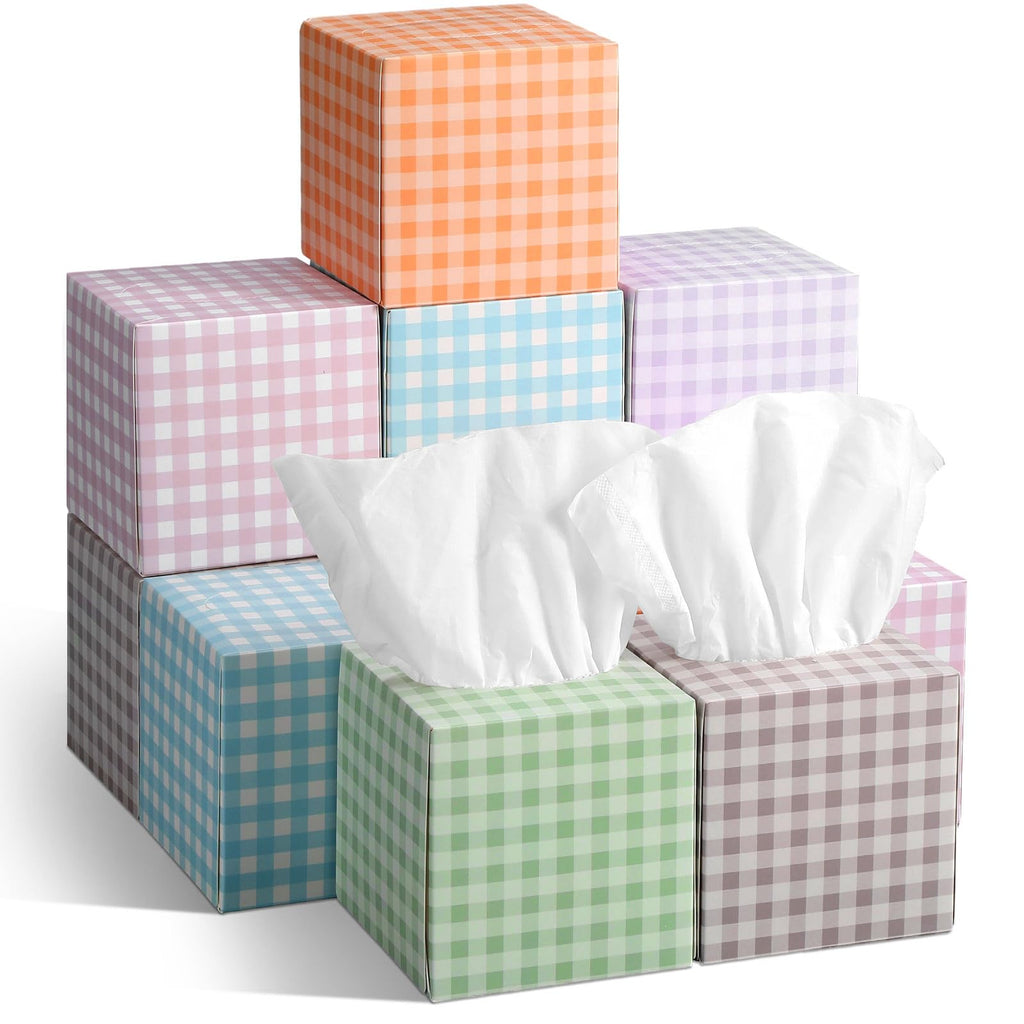 Fourluoo 12 Pack Summer Colorful Plaid Facial Tissues Cube Face Boxes 600 Sheets 3 Ply Small Square Tissues Bulk for Car Bedroom Supplies
