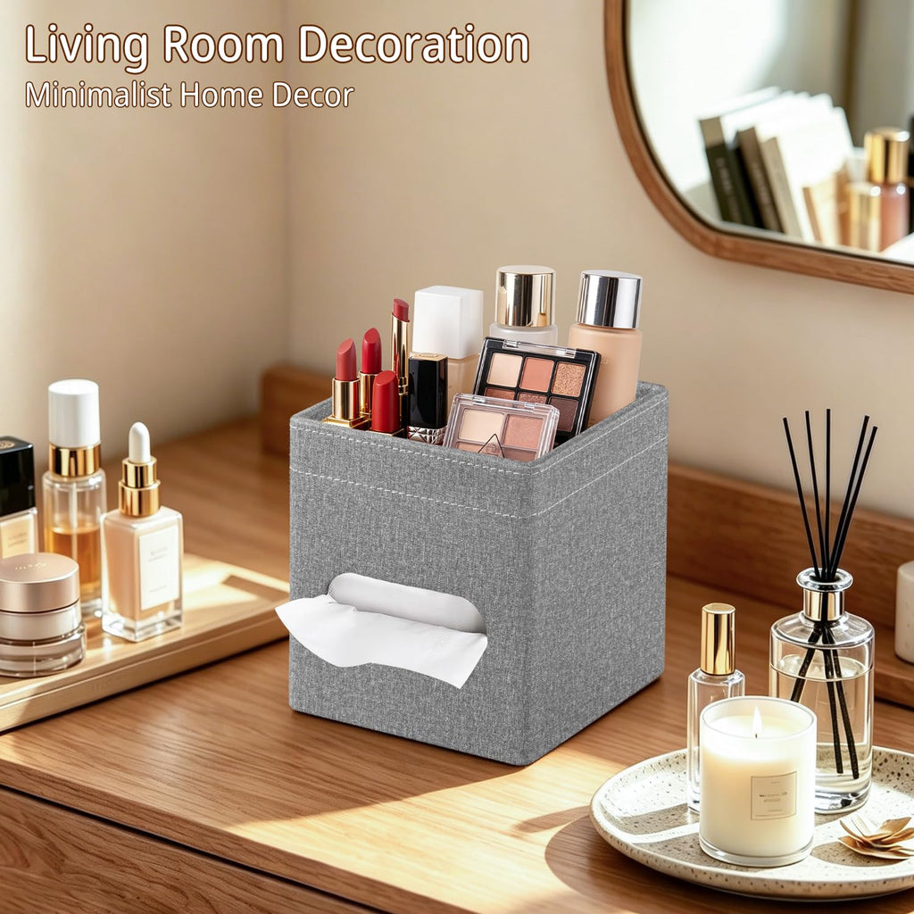 Square PU Leather Tissue Box Cover with Top Storage Tray,Tissues Dispenser