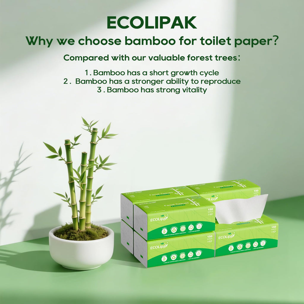 ECOLipak Bamboo Facial Tissues, 8 Packs, 1200 Sheets Total, 3-Ply
