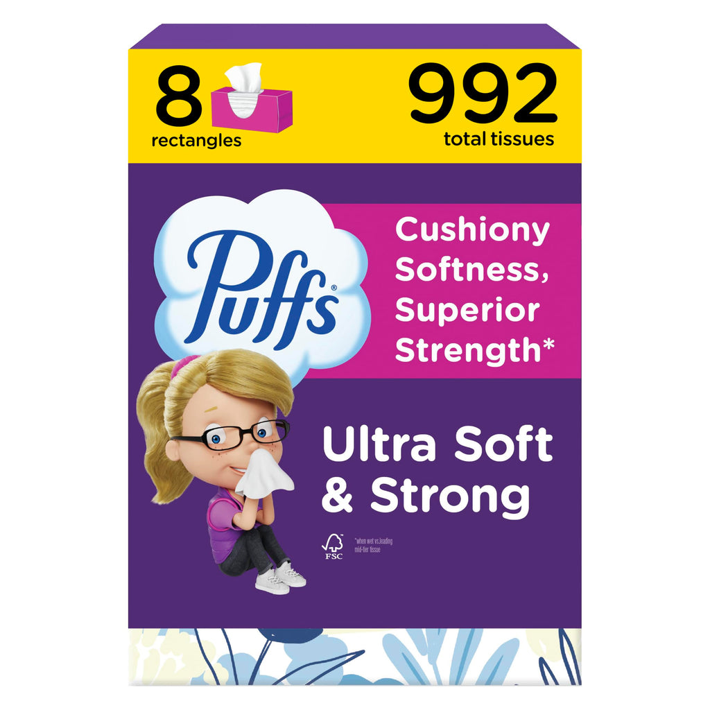 Puffs Facial Tissue Ultra Soft Non-Lotion, 8 Rectangle Boxes, 124 Facial Tissues per Box, Allergies and Colds (Packaging May Vary)