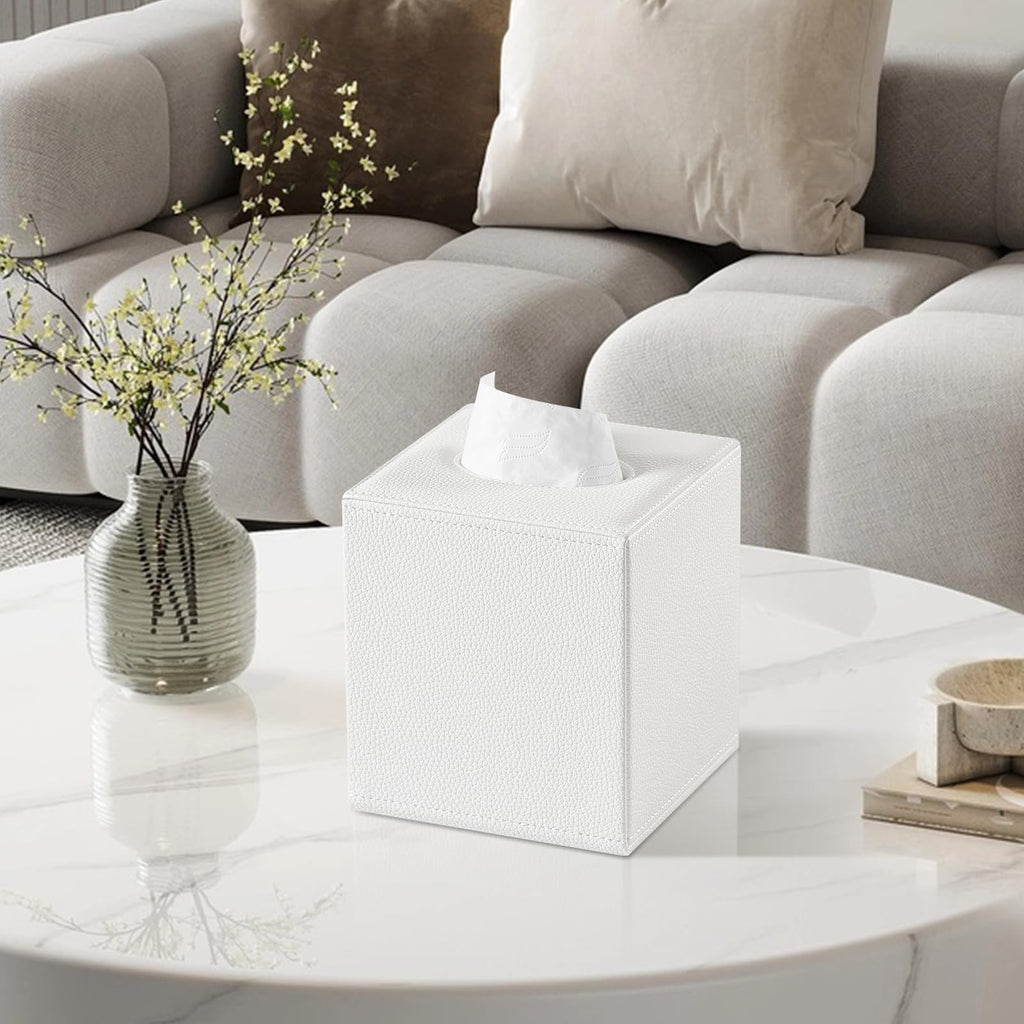 JLAMBOM PU Leather Tissue Box Cover Square Tissue Box Holder (White)