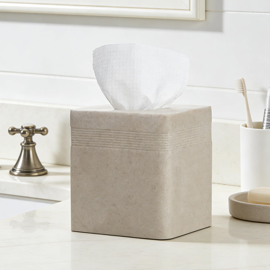 Sand Stone-Look Square Tissue Box Cover, Luxury Beige Cube Tissue Box Case