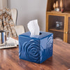 Deep Blue Ceramic Cube Tissue Box Cover with Rose – Large Elegant Rose Floral Square Decorative Tissue Box Holder for Bathroom, Bedroom, Office Desk, Kitchen Counter – Perfect Housewarming Gift
