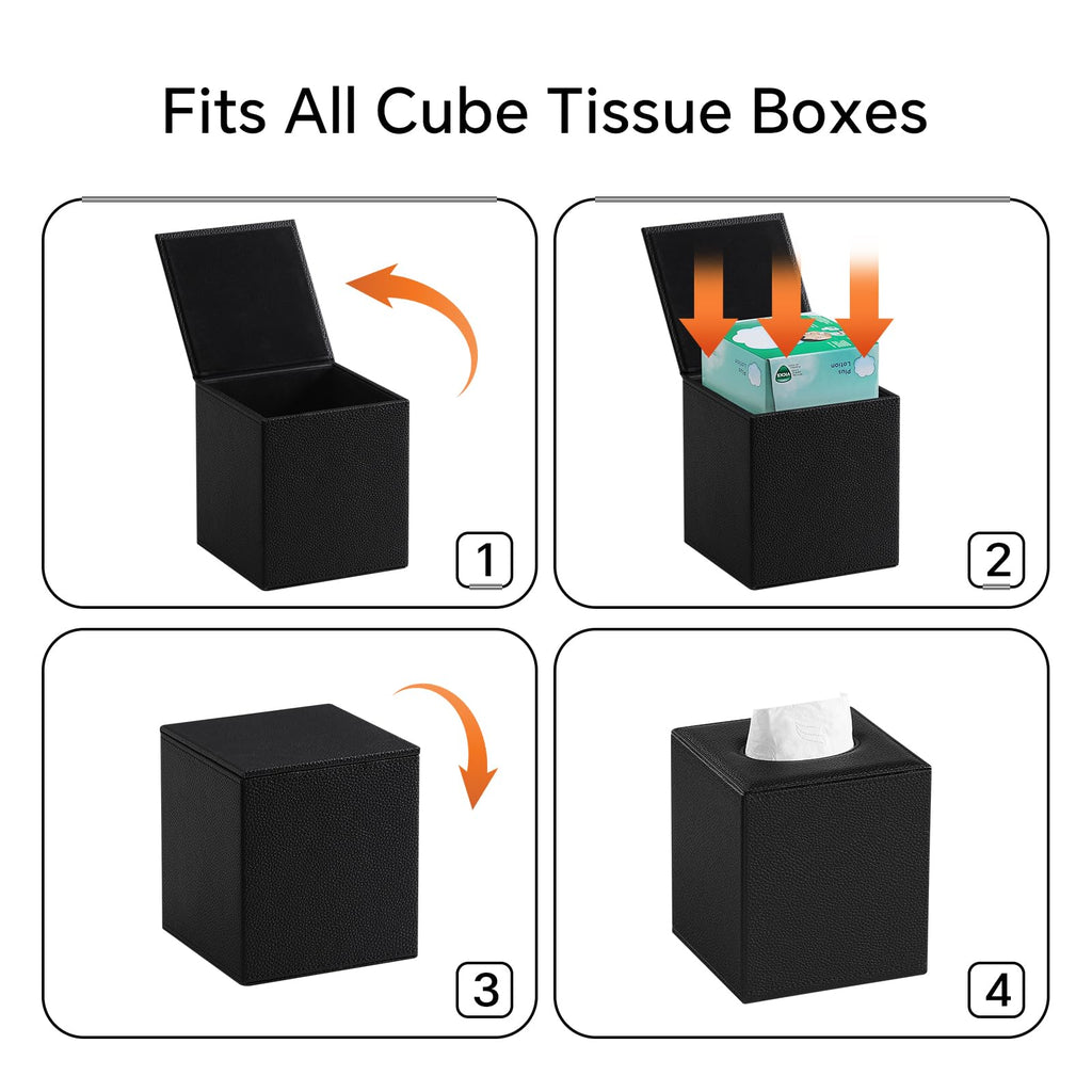 JLAMBOM PU Leather Tissue Box Cover Square Tissue Box Holder (Black)