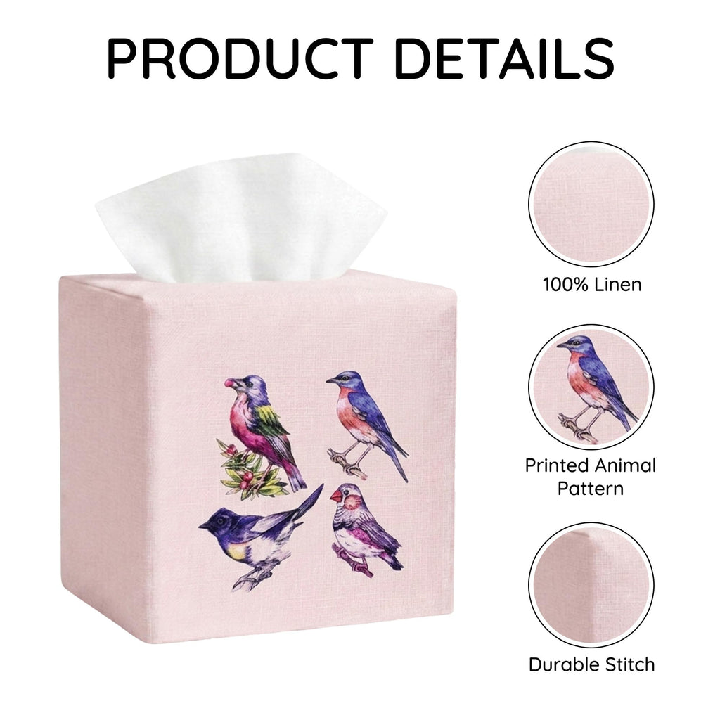 EmbroideryLinen.VN Square Tissue Box Cover Cute Set of 2, Four Birds