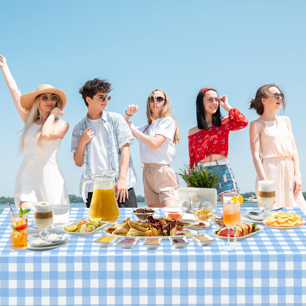 2 Pack Light Blue Gingham Tablecloth Rectangular Pale Blue and White Checkered Tablecloths Disposable Plastic Plaid Table Cover for Parties, Outdoor Picnic, Birthday, Wedding, Camping 54 × 108 Inch