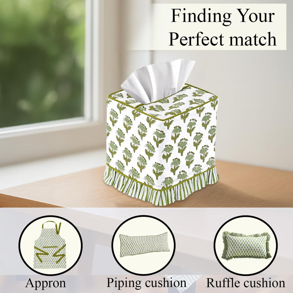 CPC 100% Cotton Ruffle Block Print Tissue Box Cover, Emerald Green