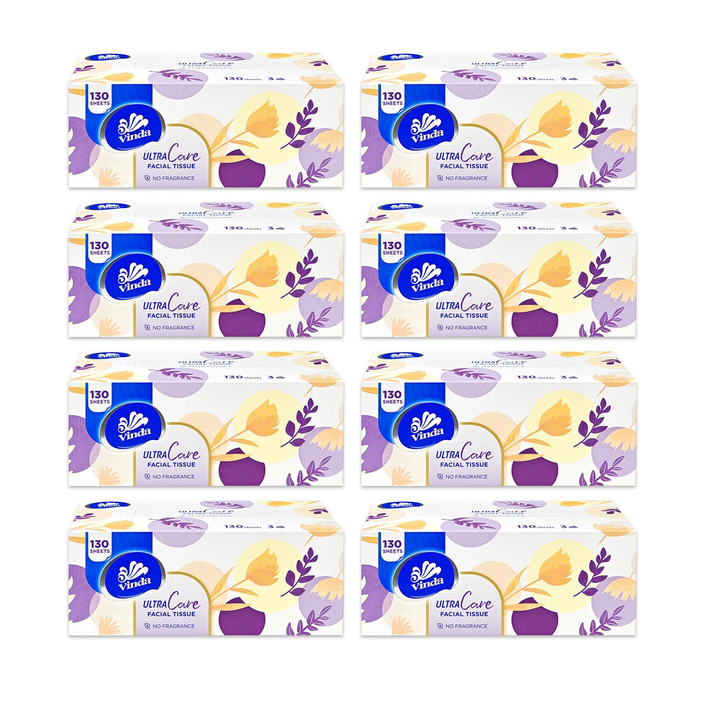 Vinda 3-Ply Ultra Care Facial Tissues – 130 Soft & Strong Sheets per Box, 8 Flat Boxes – Hypoallergenic, Gentle for Sensitive Skin, Ideal for Home, Office, and Everyday Use