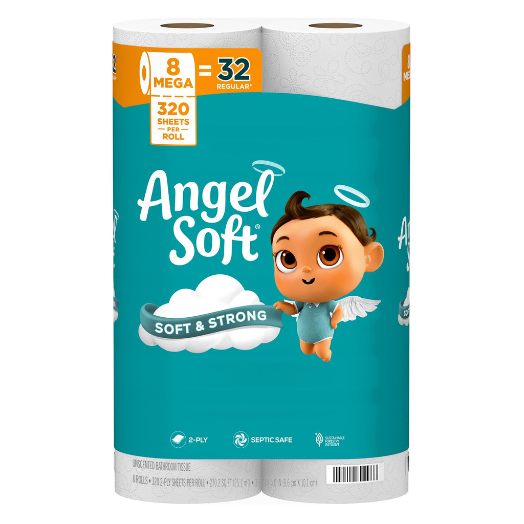 Angel Soft Toilet Paper Bulk Bathroom Tissue, 8 Mega Rolls=32 Regular Rolls