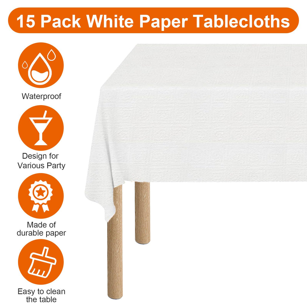 xozeooeu 15 Pack White Paper Tablecloths for Rectangle Tables 55 x 108 Inch, 3 Ply Disposable Table Cloths with Plastic Backing for Wedding, Birthday Party, Banquet