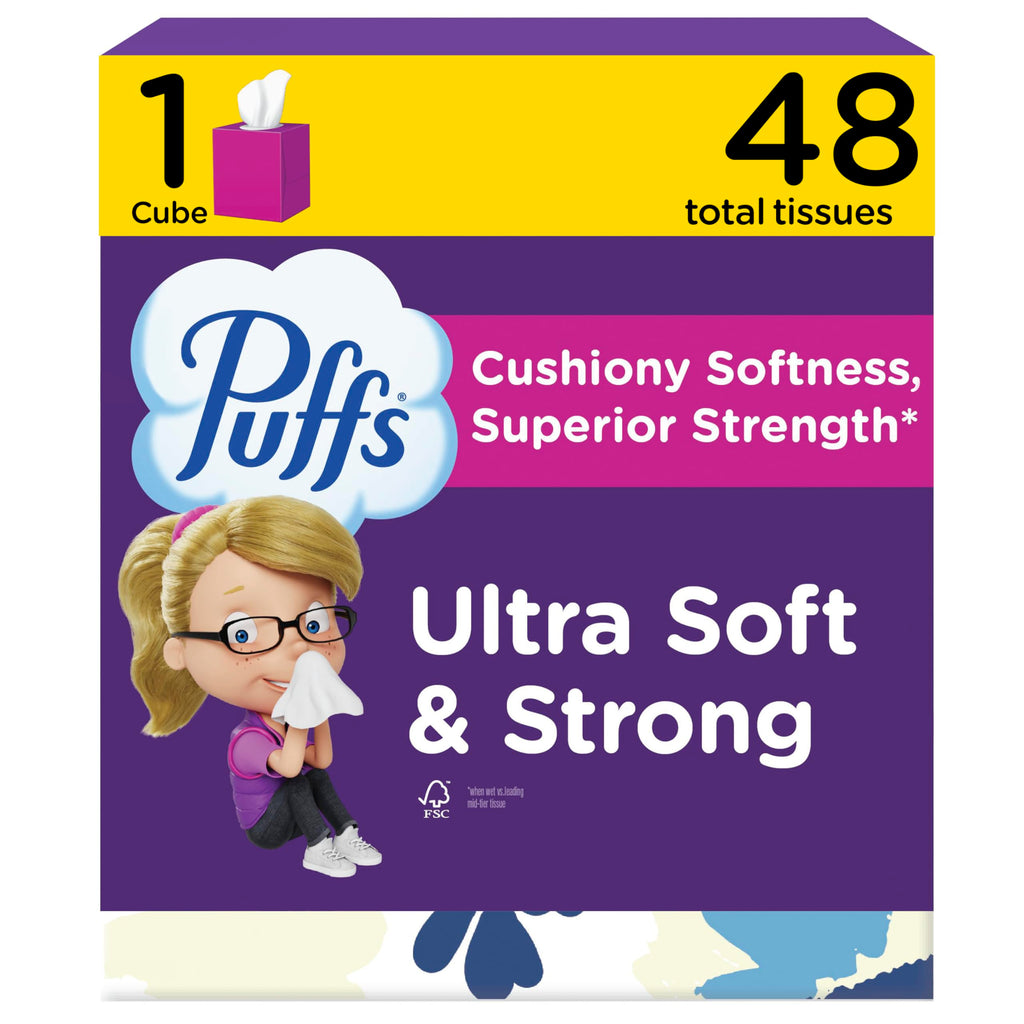 Puffs Facial Tissues Ultra Soft, 1 Cube Box, 48 Facial Tissues per Box, Allergies and Colds (Packaging May Vary)