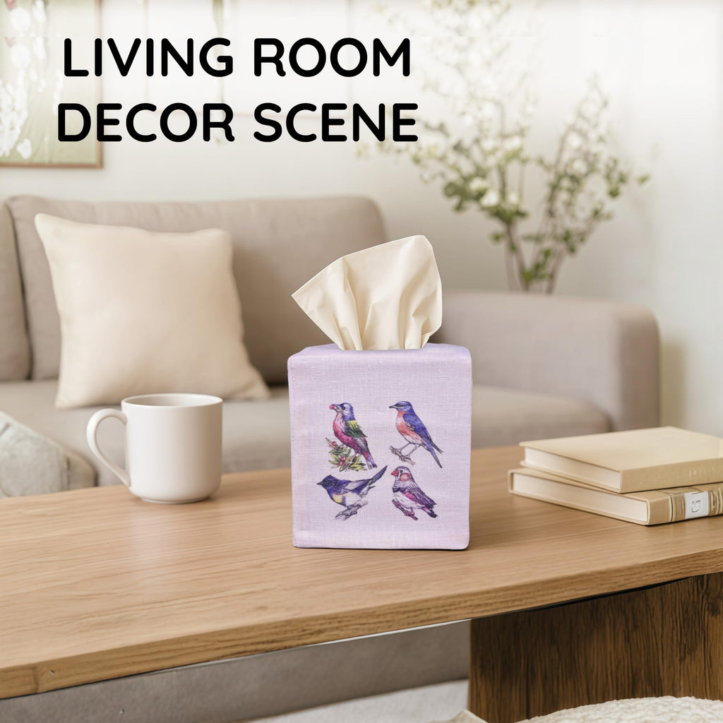 EmbroideryLinen.VN Square Tissue Box Cover Cute Set of 2, Four Birds