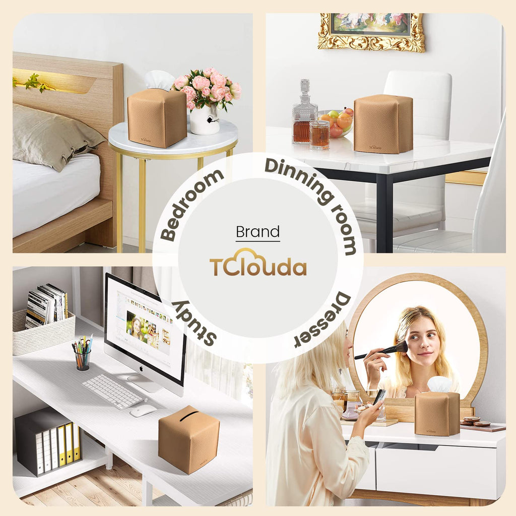 Tissue Box Cover, Tclouda, Modern PU Leather Square Tissue Box Holder for Creative Decorative, Ideal for Bathrooms/Office/Car/Nightstand/Outdoor Tent/Dining Table, 5"X5"X5", Single Claybank