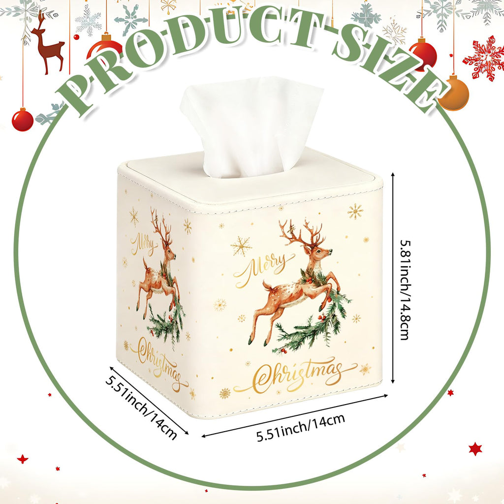 Thyle 2 Pcs Christmas Square Tissue Box Cover PU Leather Christmas Tree Reindeer Tissue Box Holder Closure Xmas Decorations Cube Napkin Holder for Kitchen Car Home Office Living Room Bedroom