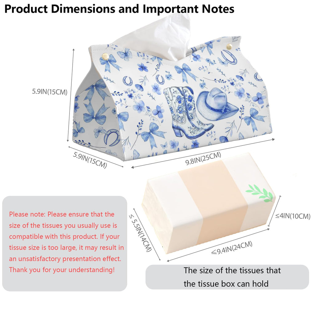 PaJiaNi Blue Western Cowgirl Tissue Box Cover Rectangle,Blue and White Floral Toilet Paper Box Holder,Leather Decorative Facial Paper Case for Living Room Bathroom Kitchen Office Desk,9.8x5.9x5.9In