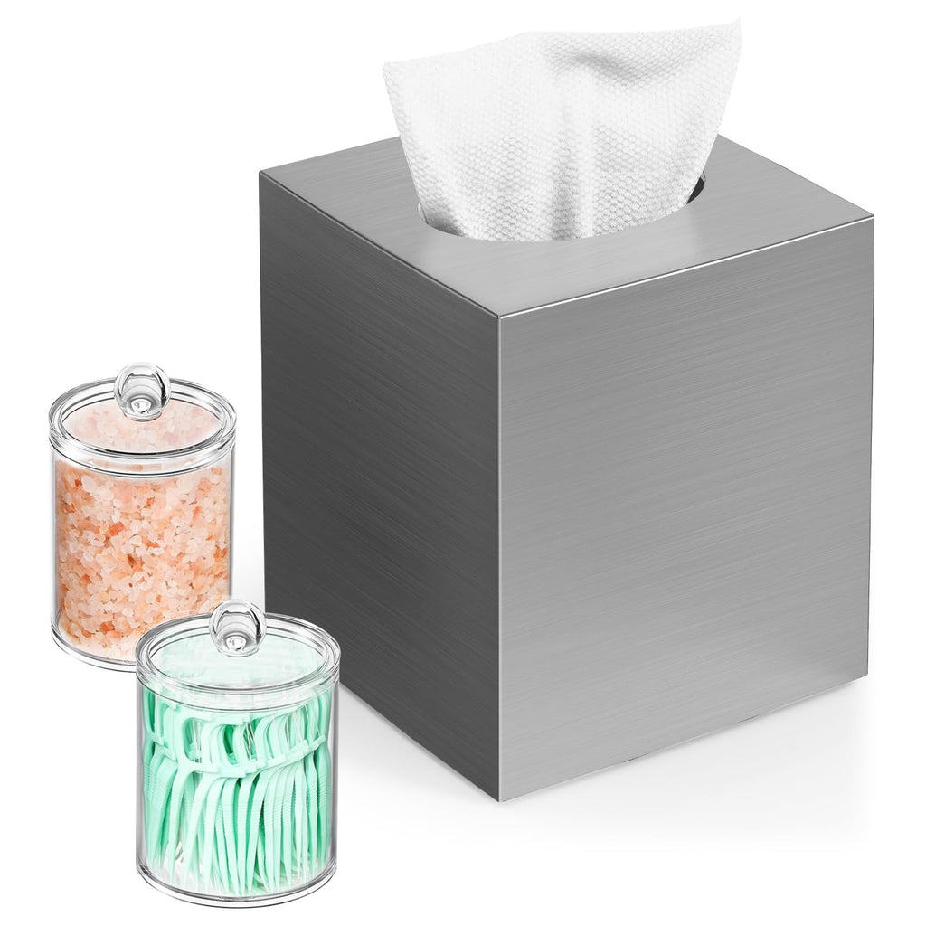 Square Tissue Box Cover with 2 Pcs Clear Qtip Holder Dispenser, Sliver