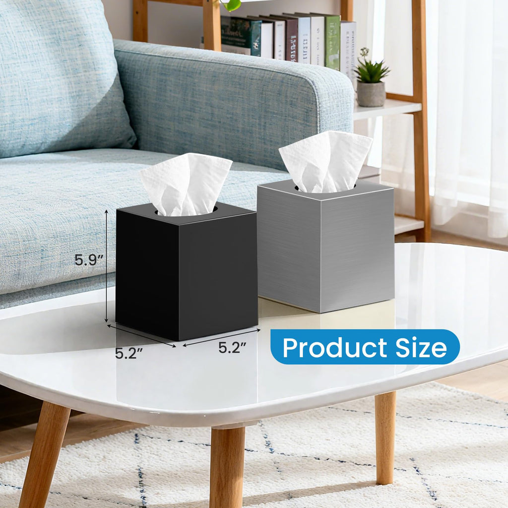 2 Pack Tissue Box Cover, Square Plastic Tissue Holder Non-Slip Base, Sliver
