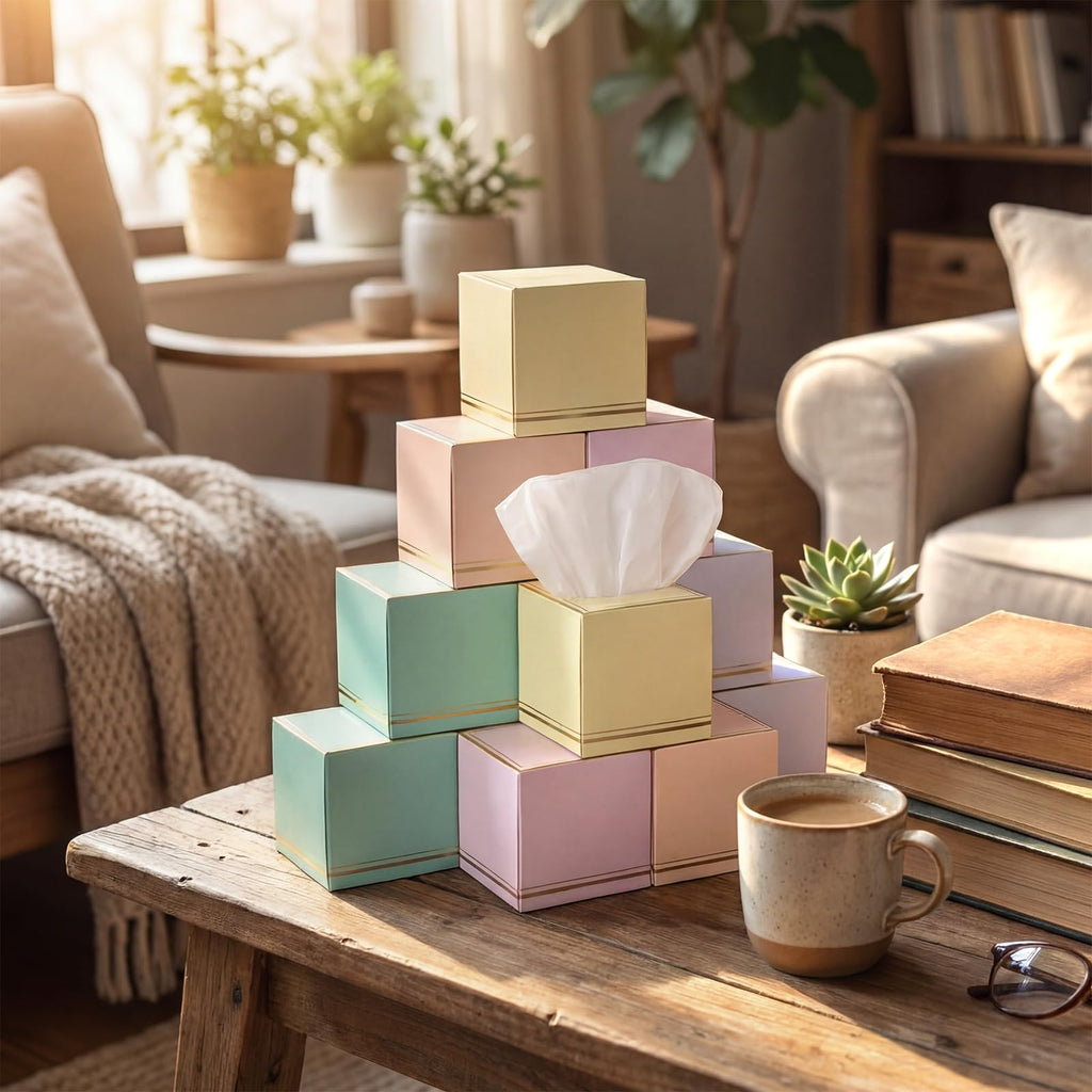 Fourluoo 12 Pack Facial Tissues Cube Boxes Face Box 600 Sheets 3 Ply Soft Paper Square Tissues Bulk for Car Pocket Toilet Household Bedroom Family (Macaron Colors)