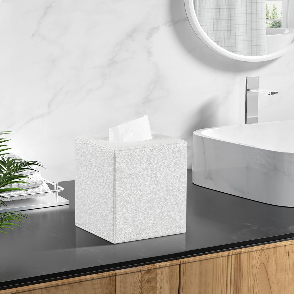 JLAMBOM PU Leather Tissue Box Cover Square Tissue Box Holder (White)