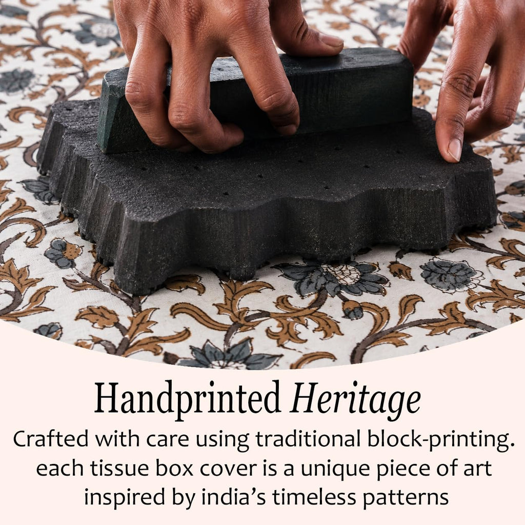 CPC 100% Cotton Piping Block Print Tissue Box Cover, Autumn Vine