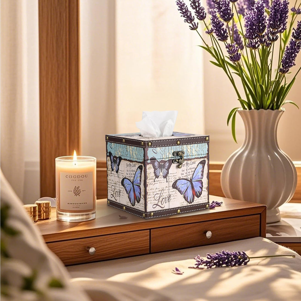 Hoowen Butterfly Tissue Box Cover, Wood Square Tissue Holder, Bluish Purple