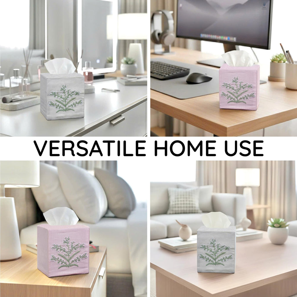 EmbroideryLinen.VN Square Tissue Box Cover Cute Set of 2, Grey & Pink