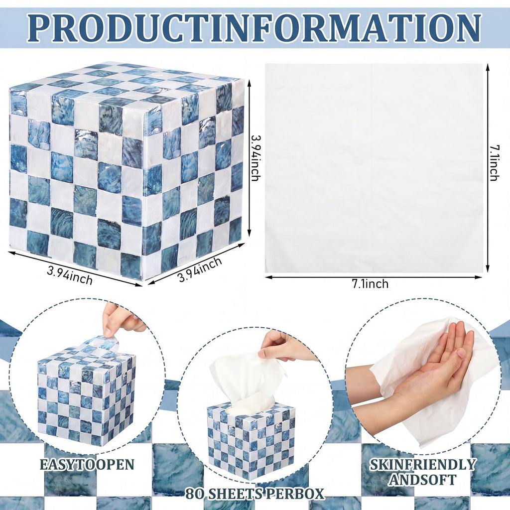 FunooFuno 12 Pack Checkered Tissue Cube Box Cube 3 Ply Facial Paper, Blue