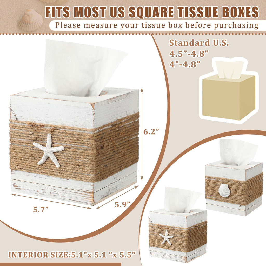 Thyle 2 Pcs Christmas Coastal Tissue Box Cover, Rustic Square Tissue Holder