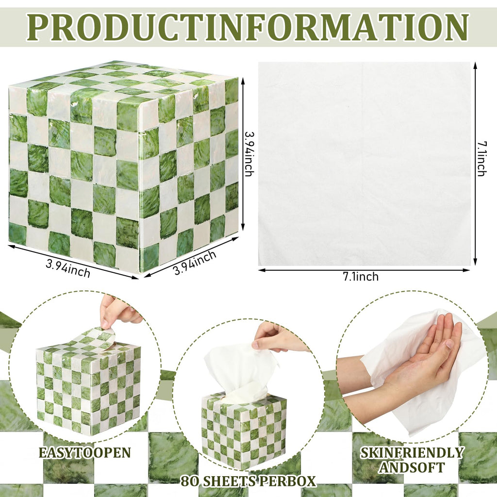 FunooFuno 12 Pack Checkered Tissue Cube Box Cube 3 Ply Facial Paper, Green
