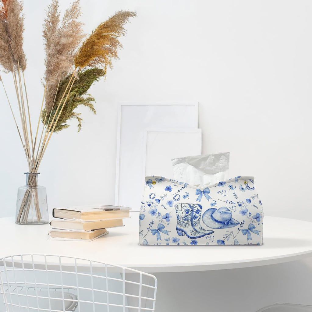 PaJiaNi Blue Western Cowgirl Tissue Box Cover Rectangle,Blue and White Floral Toilet Paper Box Holder,Leather Decorative Facial Paper Case for Living Room Bathroom Kitchen Office Desk,9.8x5.9x5.9In