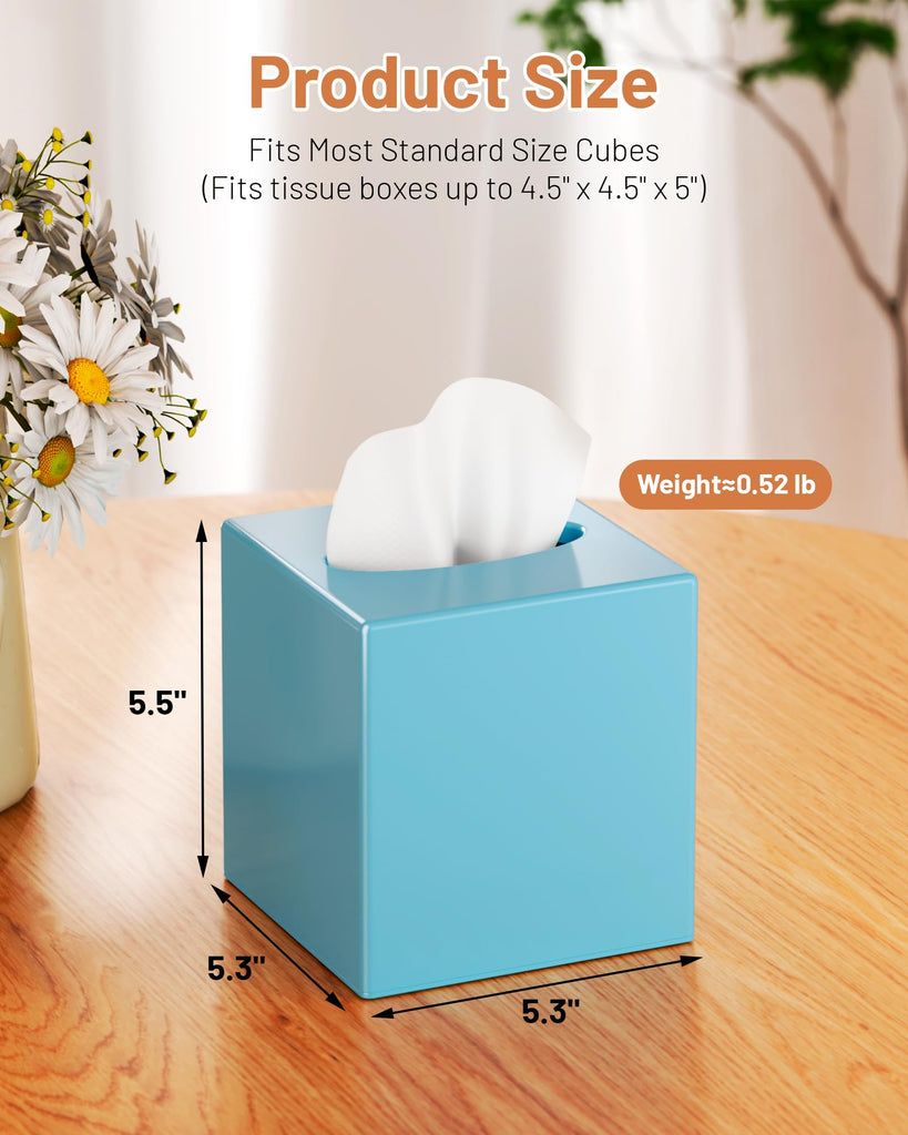 Tissue Box Cover, Square Plastic Tissue Box Holder with Anti Slip Base, Modern Decor Facial Napkin Holder for Bathroom Vanity Countertop, Bedroom Dresser, Night Stand, Parlors, Offices, Blue
