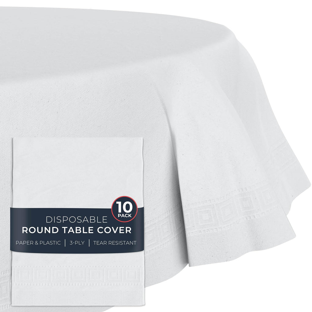 HOUZZKINGZ USA Paper Tablecloths for Round Tables | 82" - 10 Pack | White Paper & Plastic Disposable Table Cloths