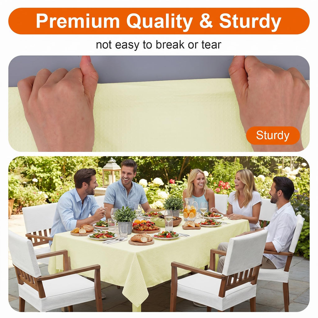xozeooeu 15 Pack Pale Yellow Paper Tablecloths for Rectangle Tables 55 x 108 Inch, 3 Ply Disposable Table Cloths with Plastic Backing for Wedding, Birthday Party, Banquet
