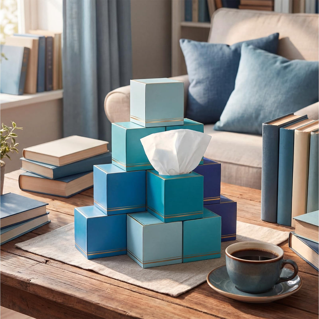 Fourluoo 12 Pack Facial Tissues Cube Boxes Face Box 600 Sheets 3 Ply Soft Paper Square Tissues Bulk for Car Pocket Toilet Household Bedroom Family(Ocean Color)