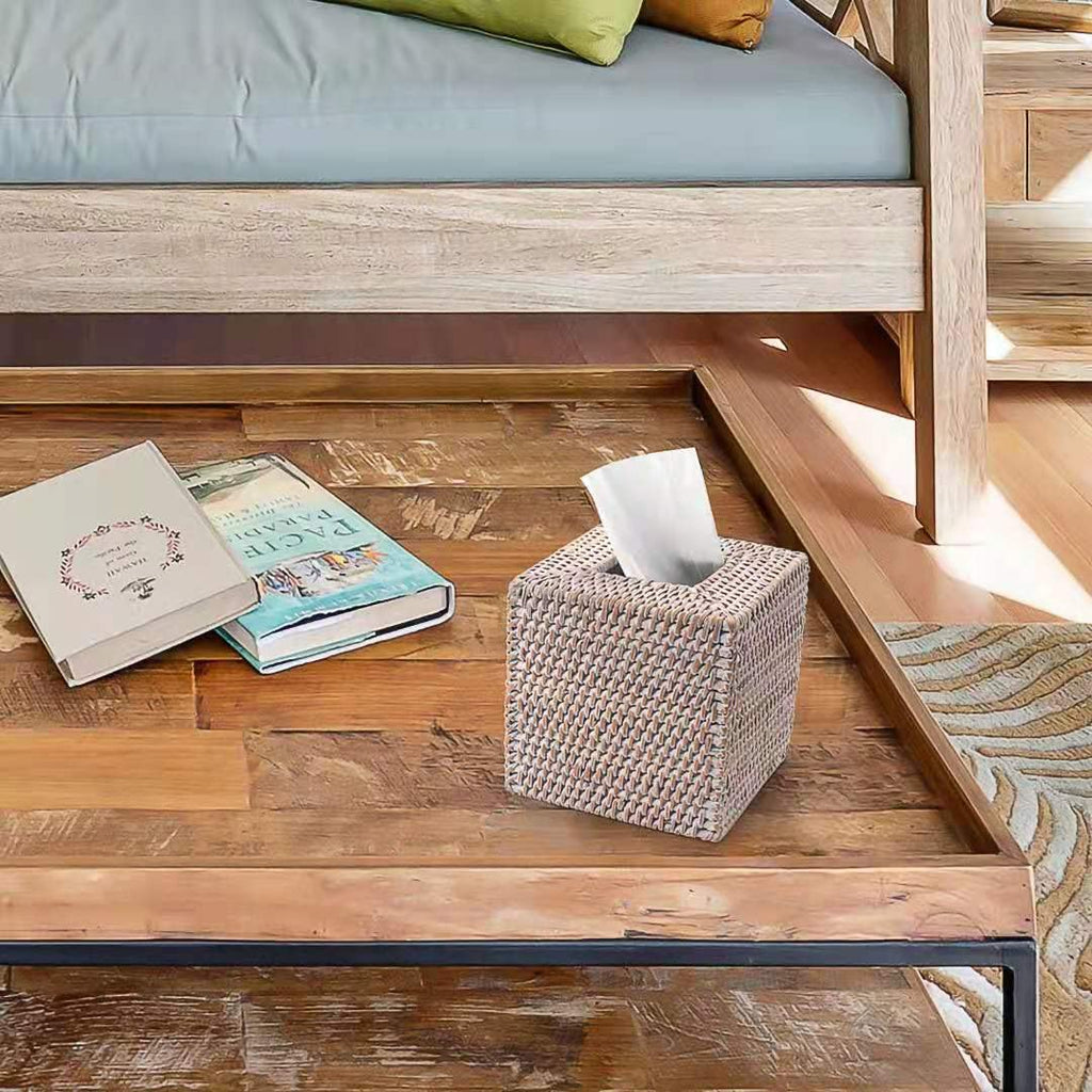 Rattan Tissue Box Cover Square, Hand Woven Wicker Tissue Holder, 5.5 x 5.5 X 5.7 inch, Whitewash