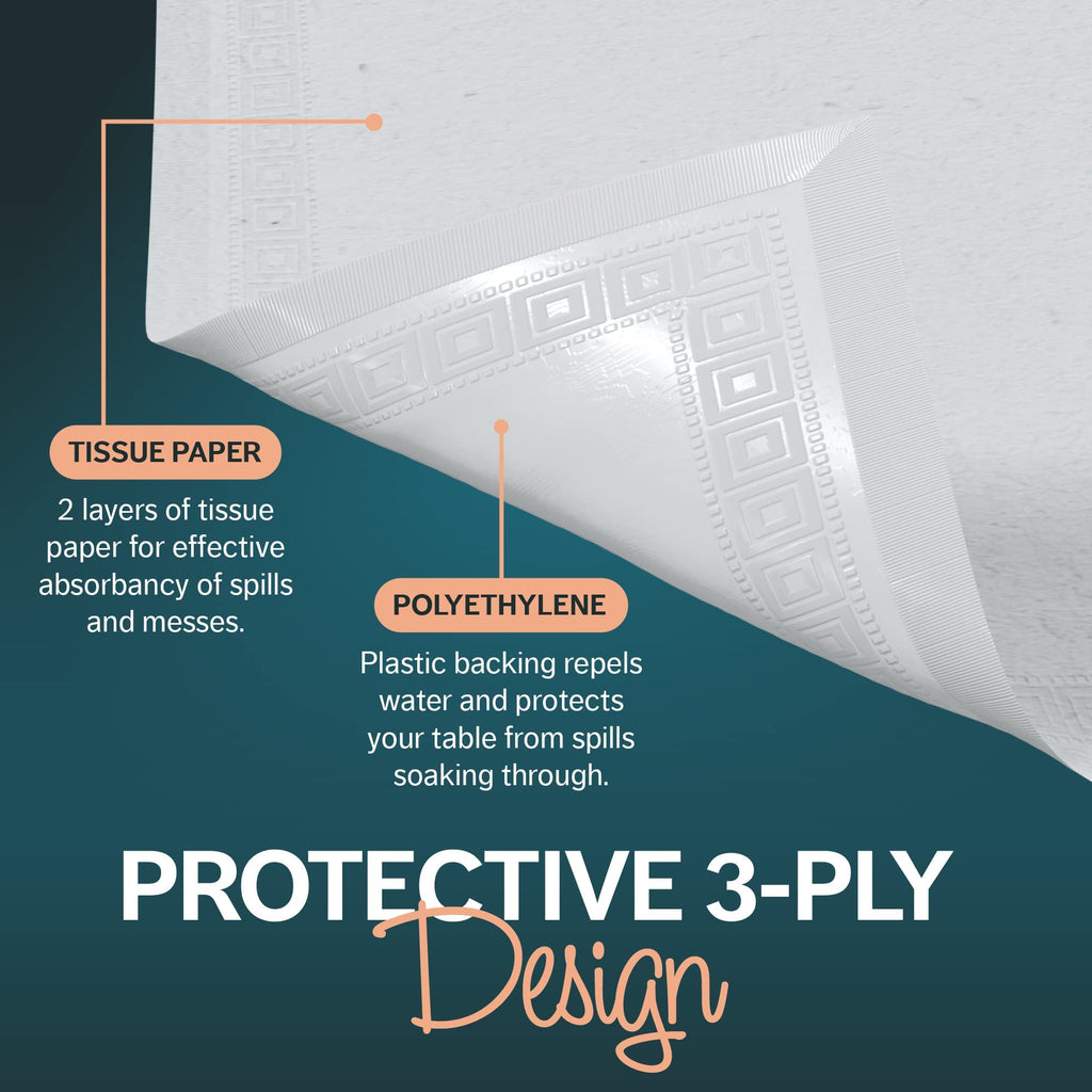 Paper Tablecloths for Rectangle Tables | 54” X 108” – 25 Pack | White Paper Disposable Tablecloth | 3-Ply Premium Paper & Plastic Table Cloths for Parties Disposable
