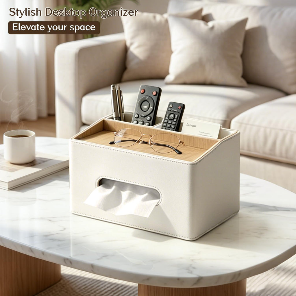 PU Leather Tissue Box Holder Rectangle,Facial Tissue Cover with Tray on Top